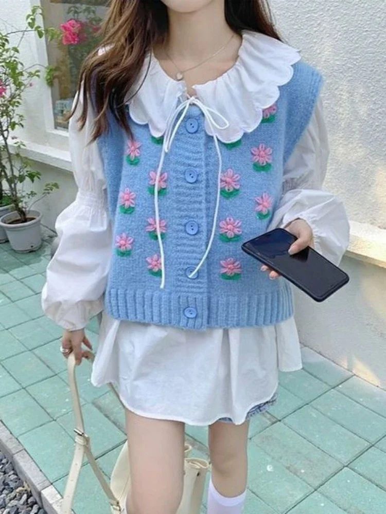Vintage Lovely Sweater Vests Girl Gentle Cozy Embroidery Prairie Chic O-neck Students Sweet Design Y2k Preppy All-match