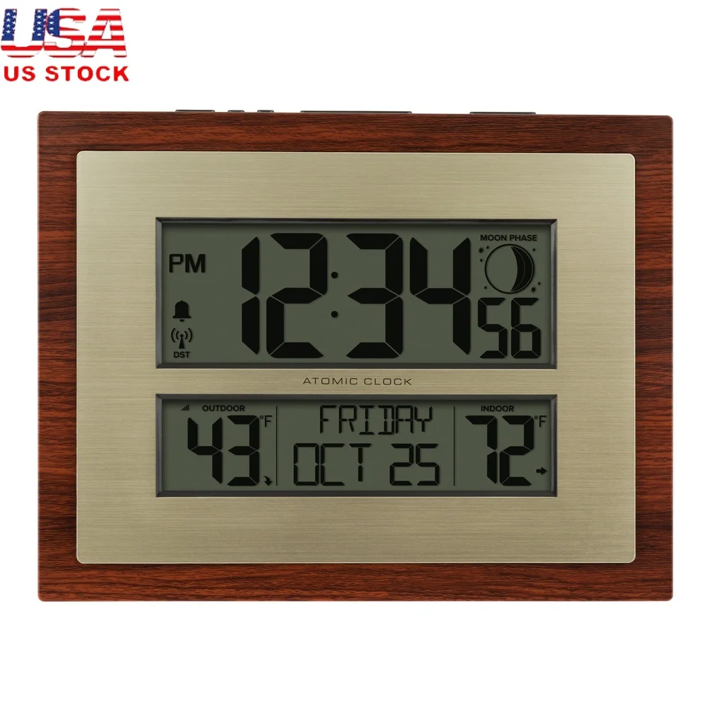 

Digital Atomic Clock with Outdoor Indoor Temperature Wireless Time Date Alarm Snooze Battery Operated Wall Mount Free Standing