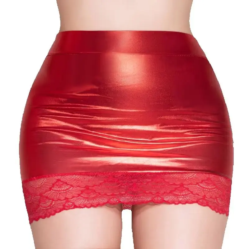 Women's Low to Mid Waist Pencil Skirt Patent Leather Lace Shiny Latex Bodycon Skirt Nightclub Dance Stage Wear Highlight Figure