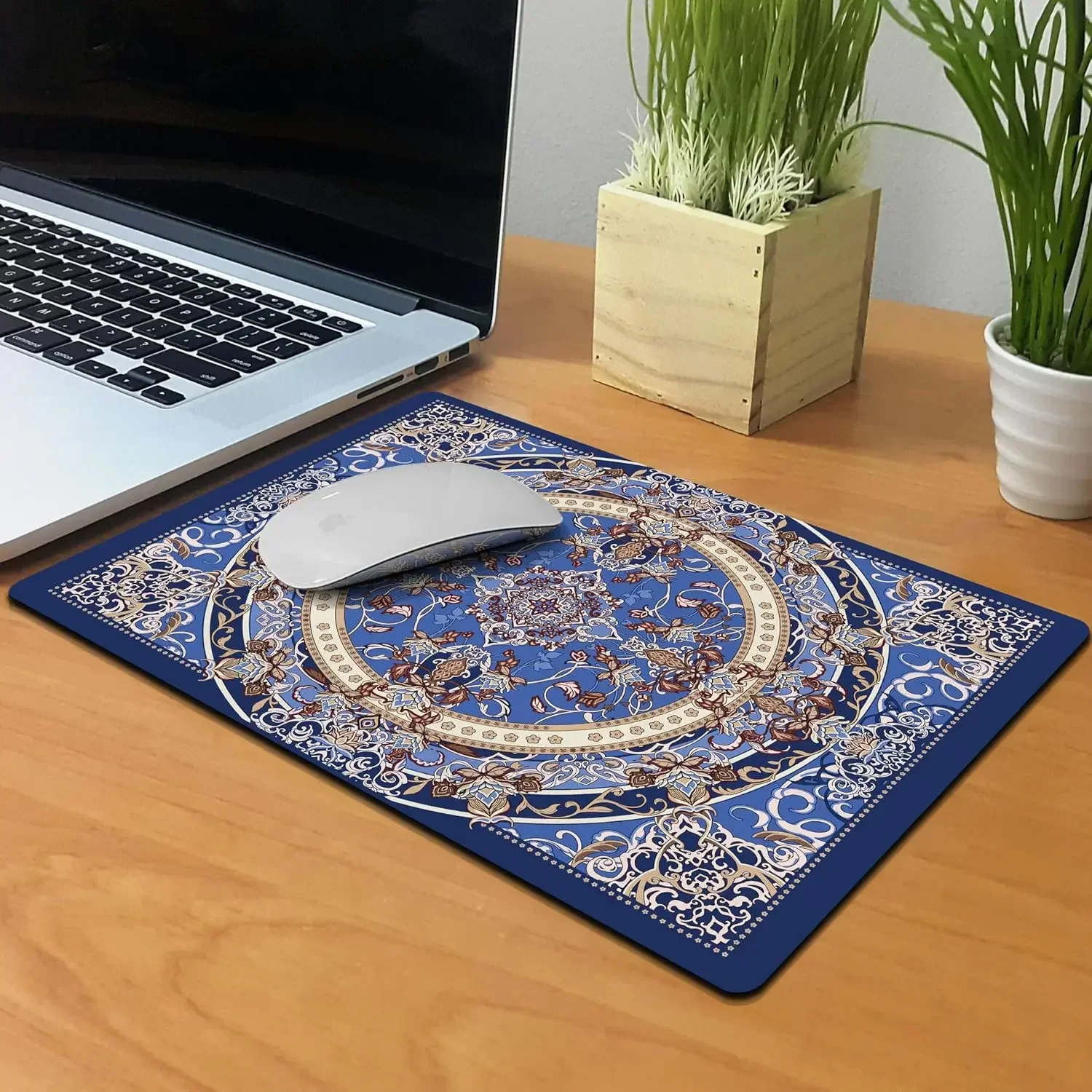 Small Size Non-Slip Rectangle Mouse Pads Vintage Oriental Blue Persian Floral Rug Mice Mats for Home Office Gaming Computer Desk