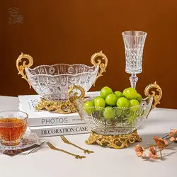 Crystal Glass Fruit Bowl Vintage Brass Fruit Plate Living Room Desktop Coffee Table Storage Tray Home Decoration Ornaments