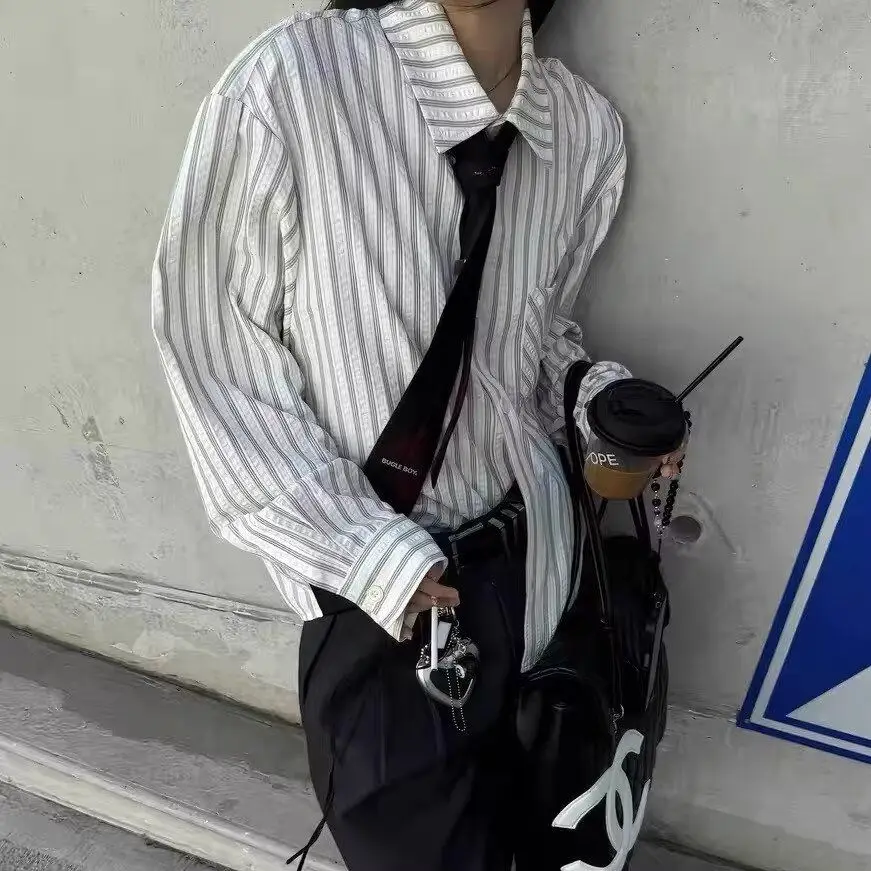 

Ретро-куртка из ткани Bubble Cloth с вертикальными полосками, свободного кроя, с длинными рукавами, с эффектом текстуры, в японском стиле, молодежная, свободного кроя