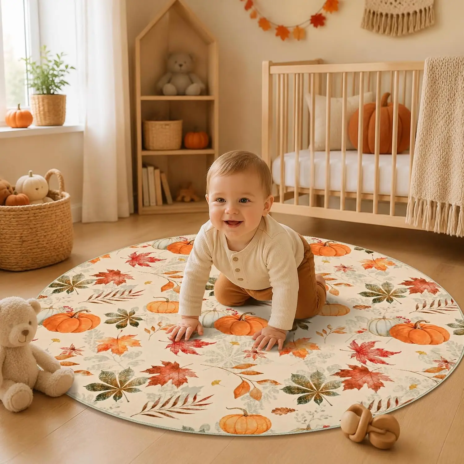 Fall Area Rugs Round 4ft Washable, Maple Leavs Pumpkin Circle Rug, Beige