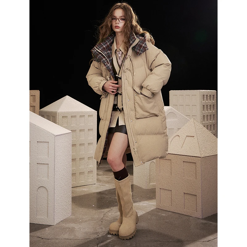 ELFSACK 2025 شتاء الوافدين الجدد عادية مخطط بطانة طويلة البريدي القرن تبديل زر أسفل سترة للمرأة