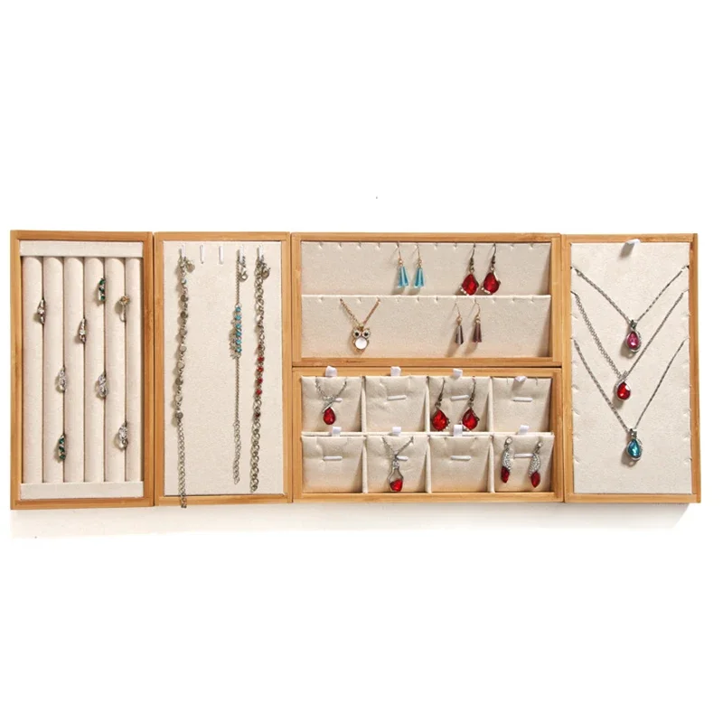 Multi-function Bamboo Jewelry Display Tray Earrings Necklace Ring Holder Rack Display Stand Storage Tray 22*11cm