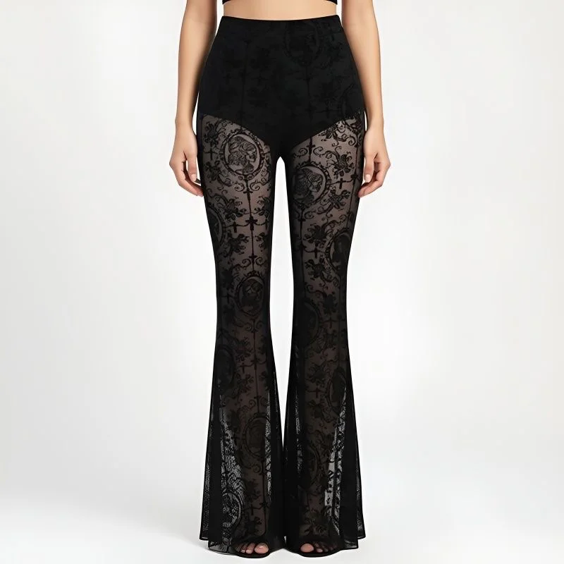 Summer sexy hot girl mesh dark slim lace high waisted flared pants for women 2026 casual versatile pants