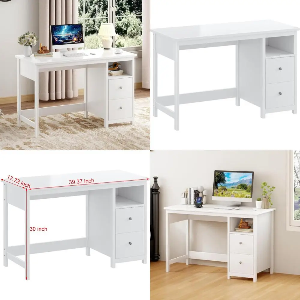 

Modern Compact White Desk with Drawers for Home Office, Bedroom Makeup Vanity, and Filing Cabinet