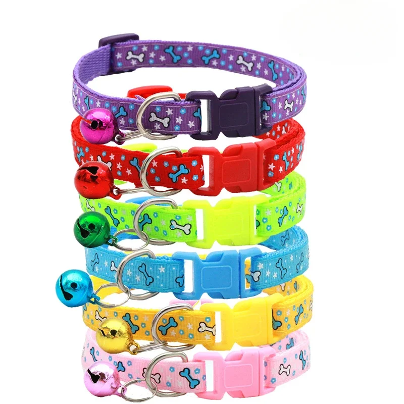 Adjustable Cartoon Ctue Bone Dog Kitten Cat Collar with Bell Polyester Buckle Collars for Small Dogs Kitten Accessories Supplies