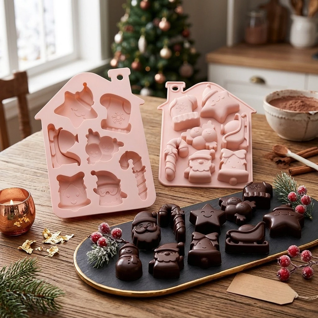 7 Cavity Christmas Silicone Baking Mold Santa Snowman Candy Cane Heat Resistant Chocolate Ice Cube Tray Xmas DIY Bakeware Tool