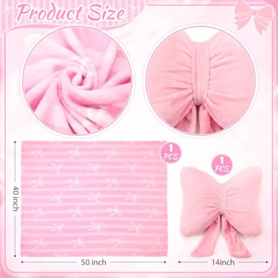 2 Pcs Pink Bow Plush Pillow and Throw Blanket Set Include 40x50 Inch Soft Bowknot Flannel Blanket Fluffy Aesthetic Bow Stuffed