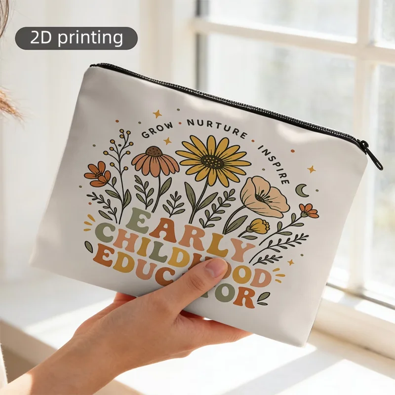 1PC Floral Pattern Makeup Bag Canvas Portable Storage Pouch for Educators Daily Carrying Cosmetics and Small Items