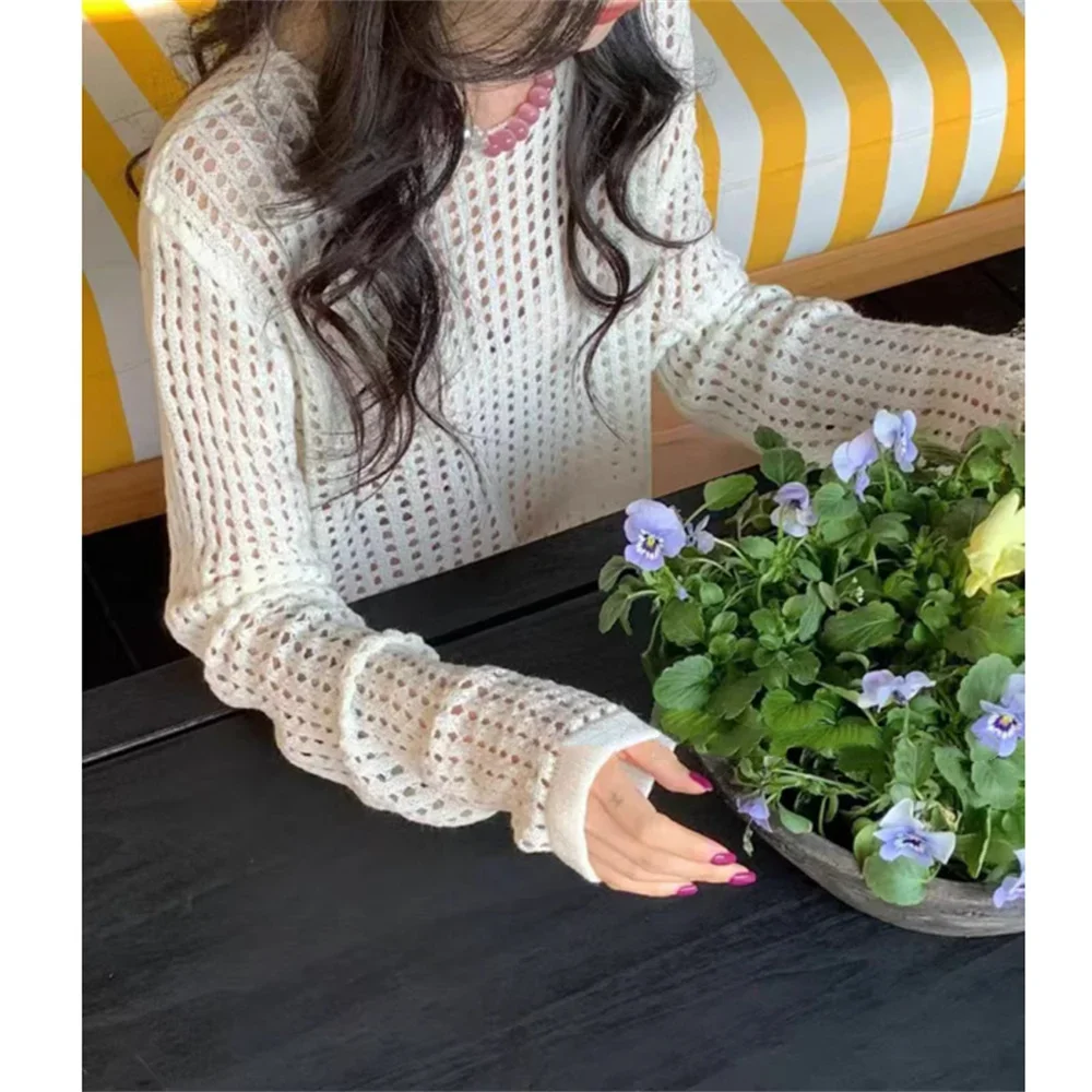 Long Sleeve Crochet Knit Top Summer Beach Pullover Cover Up Hollow-out Sweater Pullover Knitwear Blouse Women Vacation Outwear