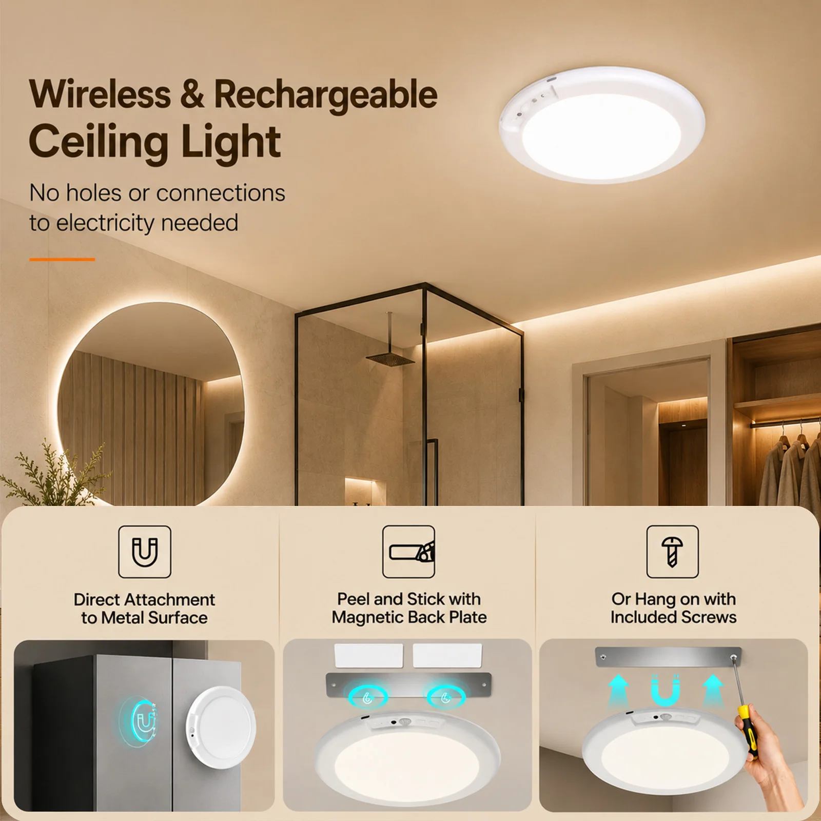 Bild 5: Magnetische Deckenleuchte USB Typ-C Wiederaufladbar 4000mAh CW/RGB mit Fernbedienung LED-Wandlampe für Wohnzimmer Schlafzimmer Flur