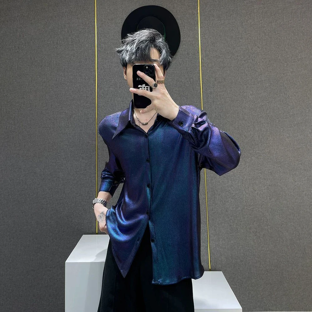 

Mens Shirts Metallic Gradient Shoulder Pad Shirts Summer Streetwear Fashion Nightclubs Ballroom Tops Men'S Clothing 2025 New