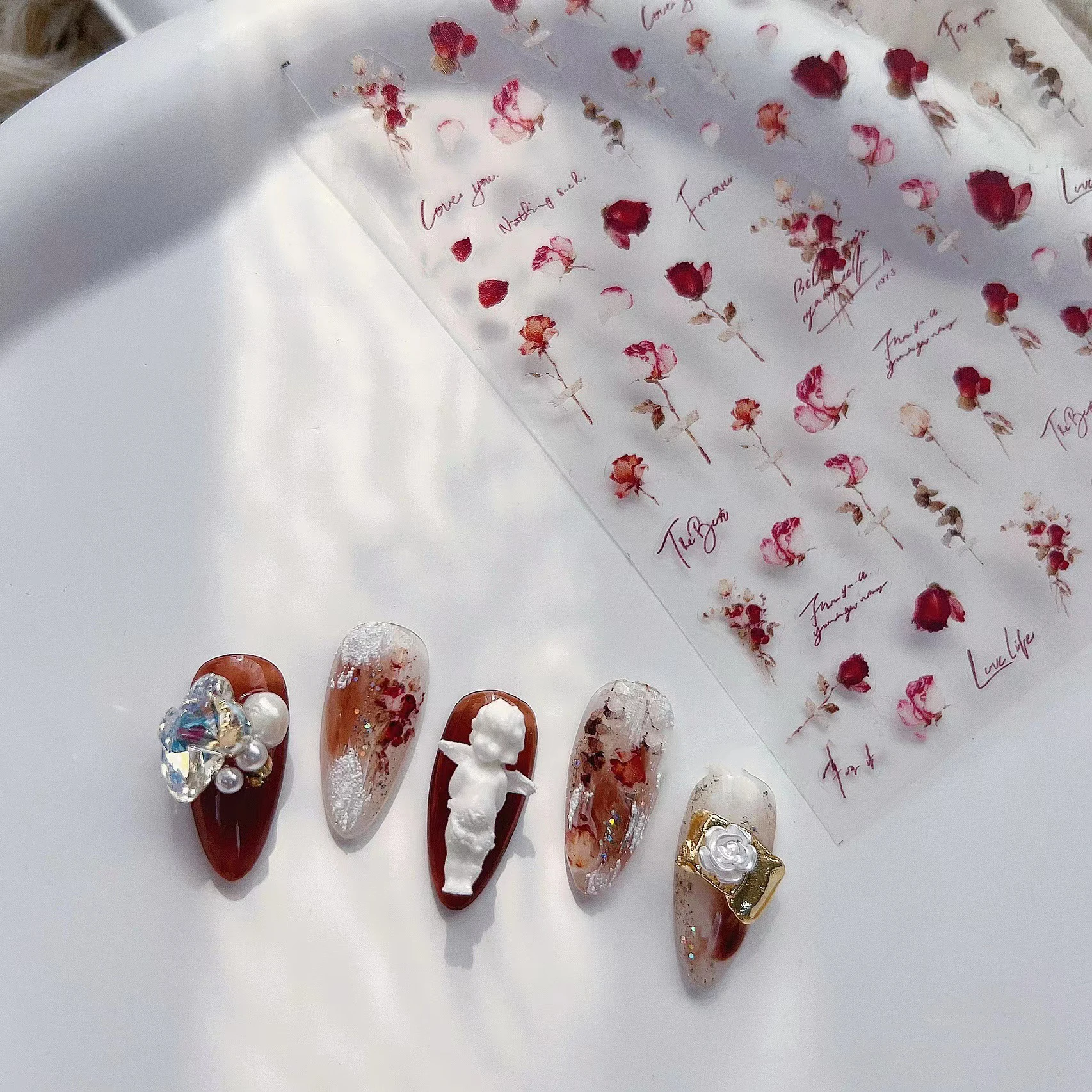 

High Quality Thin And Tough Adhesive Watercolor Red Rose Flower Nail Art Stickers DIY Manicure Decoration T-1773