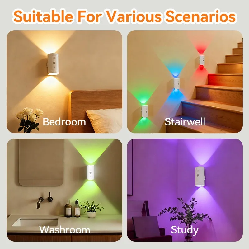 Lampka nocna LED z czujnikiem ruchu, zmieniająca kolory RGB, bezprzewodowa lampa ścienna, ładowalna, magnetyczna lampka zachód słońca do sypialni, salonu.