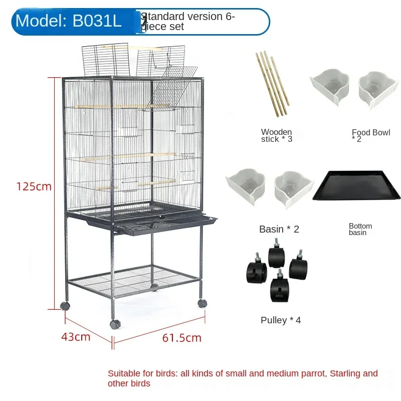 Metal  Large Rolling Bird Cage with 3 Perches  4 Feeders, and Extra Storage Shelf, Black Bird Cage Decoration