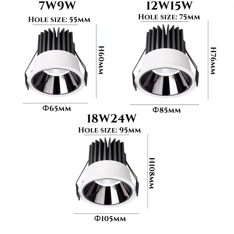 Imagem -04 - Anti-glare Cob Led Downlight Decoração de Iluminação Interior Luz de Céu Incorporada Iluminação Doméstica sem Luz Principal 7w 9w 12w 15w 18w 24w