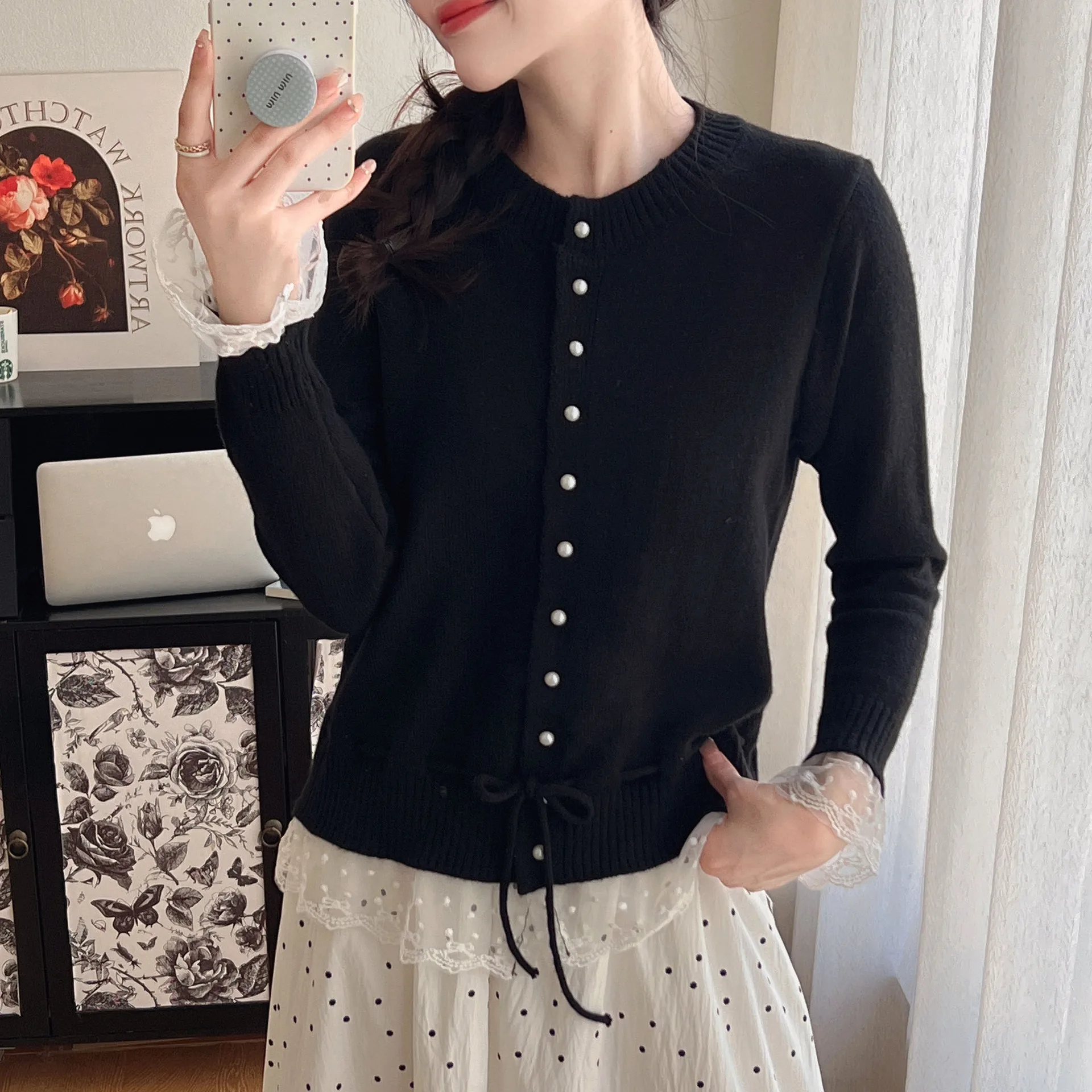 Koronkowy sweter patchworkowy dla kobiet Jesienno-zimowa nowa kolekcja Top z dzianiny z wąską talią