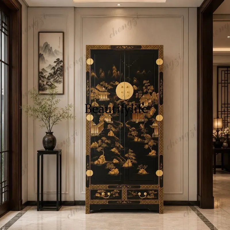 K153 New Chinese retro hand-painted gold-painted lacquer Tall cabinet Side cabinet Storage decorative cabinet Wardrobe