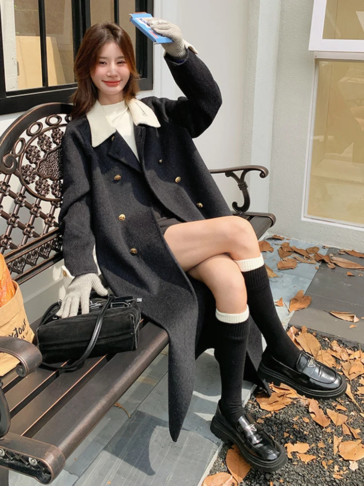 LANMREM Winter Double Wool Long Coat Women\'s Fashion Embroidered Lapel Button Fashion Clothing Korean Style 2024 New 2VV1810