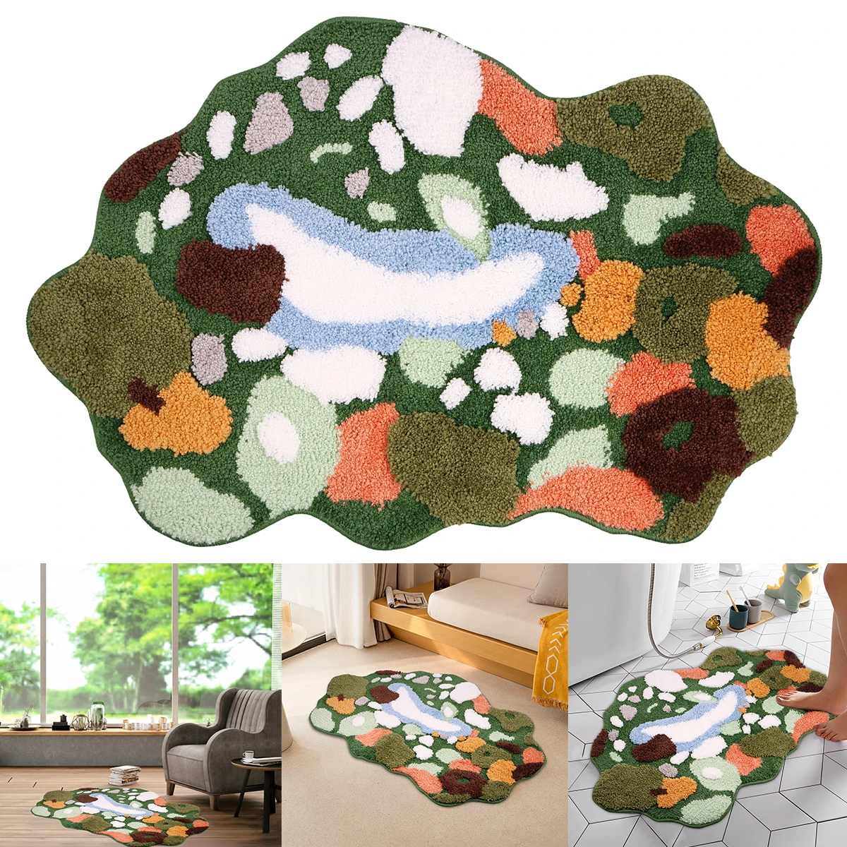 Moss Leaf Bathroom Rugs Non-Slip Moss Bath Mat Super Absorbent Bath Mat Soft Microfiber Machine Washable Shower Mat