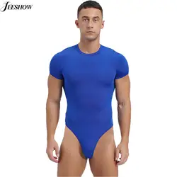 Mens Athletic Bodysuit Shirt Round Neck Short Sleeve High Cut Leotard Button Crotch Jumpsuit Rompers Bodybuilding Yoga Underwear