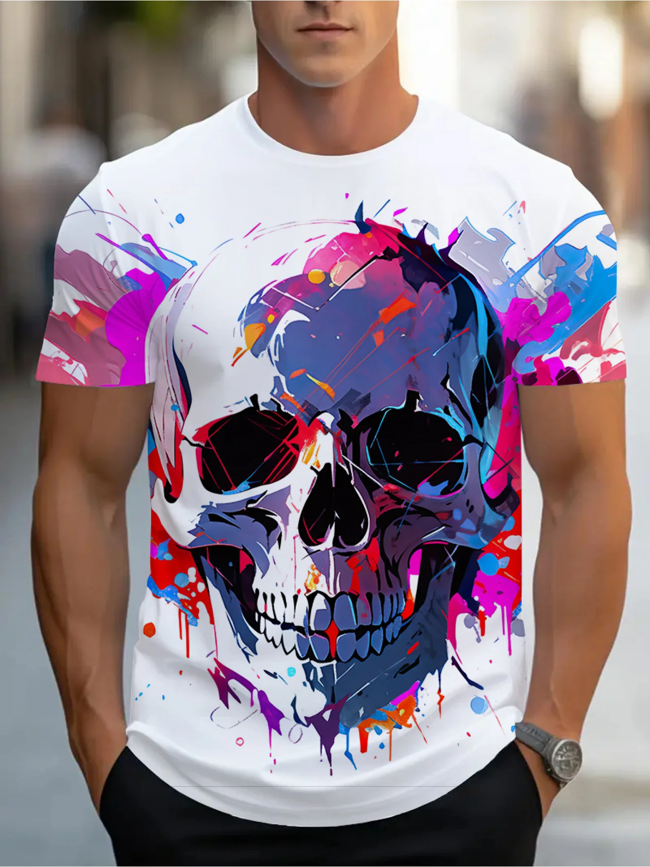 Men Short Sleeve T‑Shirt Colorful Splatter Paint Skull Graffiti Print Crew Neck Casual Tops