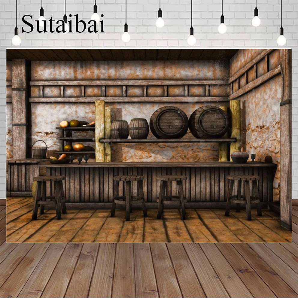 초라한 술집 선술집 내부 사진 배경, 소박한 오래된 벽 나무 바 카운터 테이블 의자 배경, 서양 카우보이