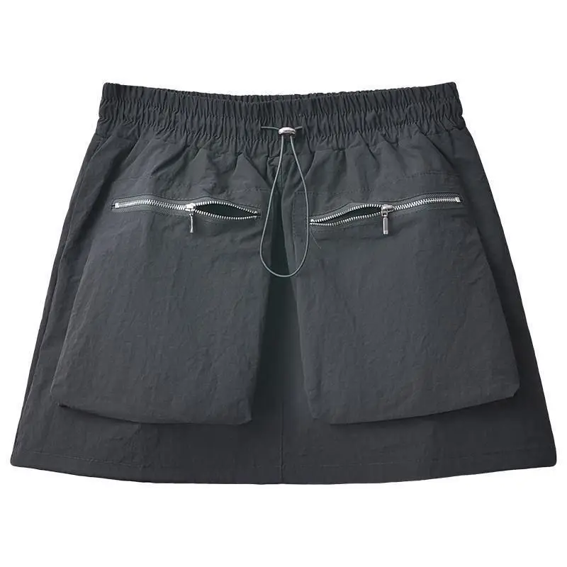 High Waist Drawstring Summer Women Short A Line Skirt Vintage Casual Cargo Big Zipper Pocket Skirt with Safety Shorts Hip Skirts