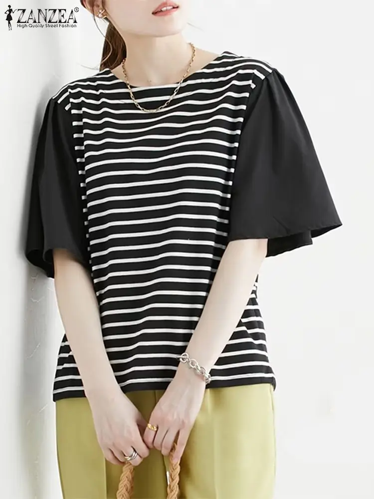 

Fashion Summer Short Sleeve Patchwork Blouse ZANZEA Women Elegant OL Work Shirt Striped Tops Tunic Femme Casual Holdiay Blusas