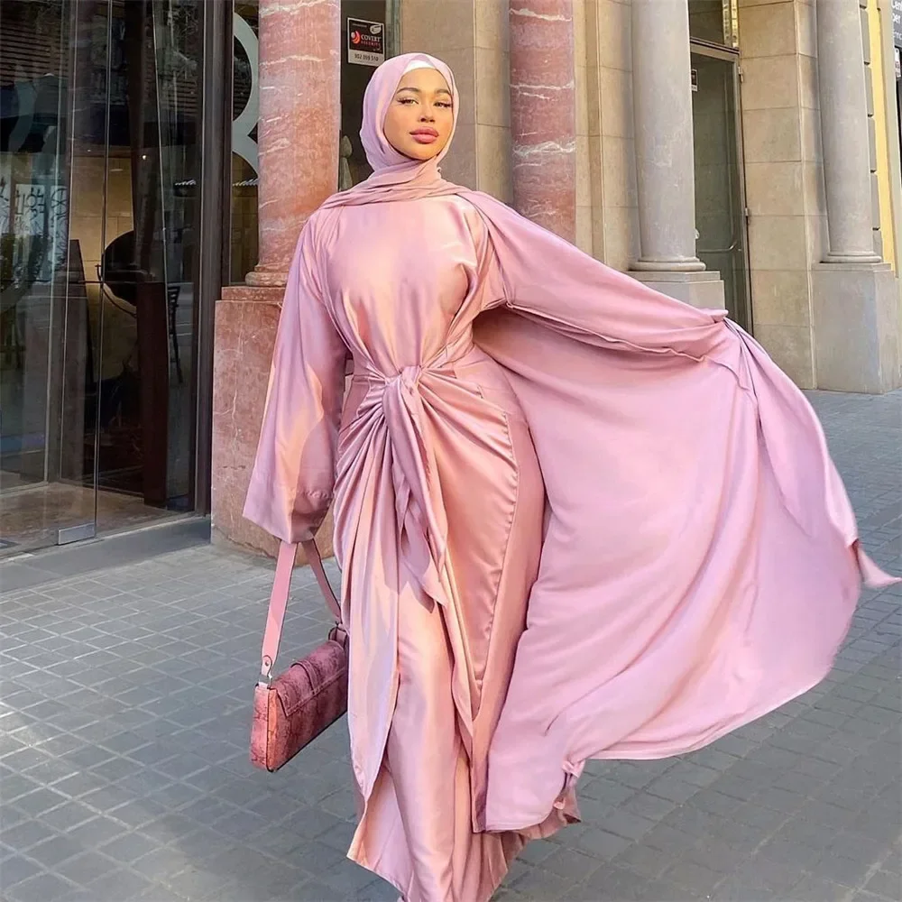 2Pcs Matching Sets Kaftan Abaya Satin Dubai Turkey Islam Arab Muslim Robe Longue Kimono Wrap Skirt Eid Ramadan Clothing Jalabiya