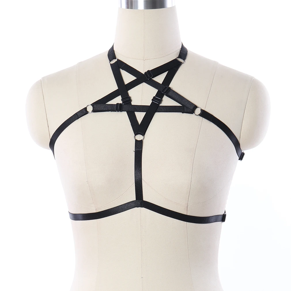 

Black Women Pentagram Harness Bra Goth Festival Bondage Crop Top Body Cage Body Harness Halloween Sexy Lingerie