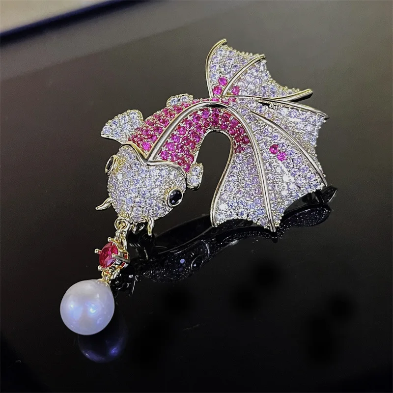 OKILY Shiny Zircon Cute Goldfish Brooch with Real Pearls for Women's Clothing Pin Elegant Natural Freshwater Pearl Animal Broch