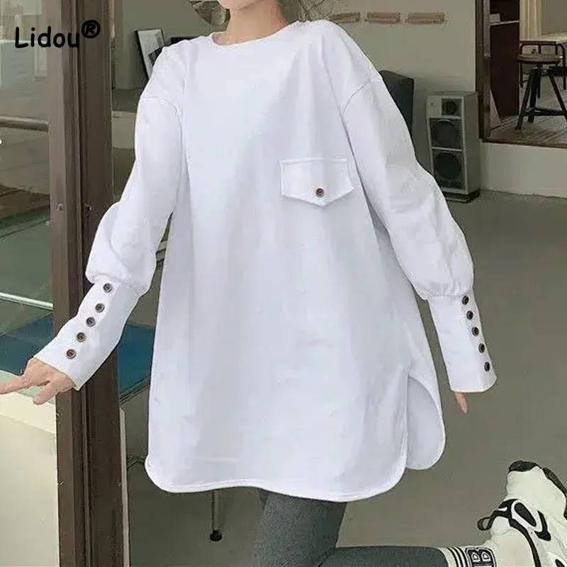 Fashion Button Spliced Solid Color Round Neck T-shirt Spring Autumn Women\'s Clothing Basic All-match Casual Irregular Female Top