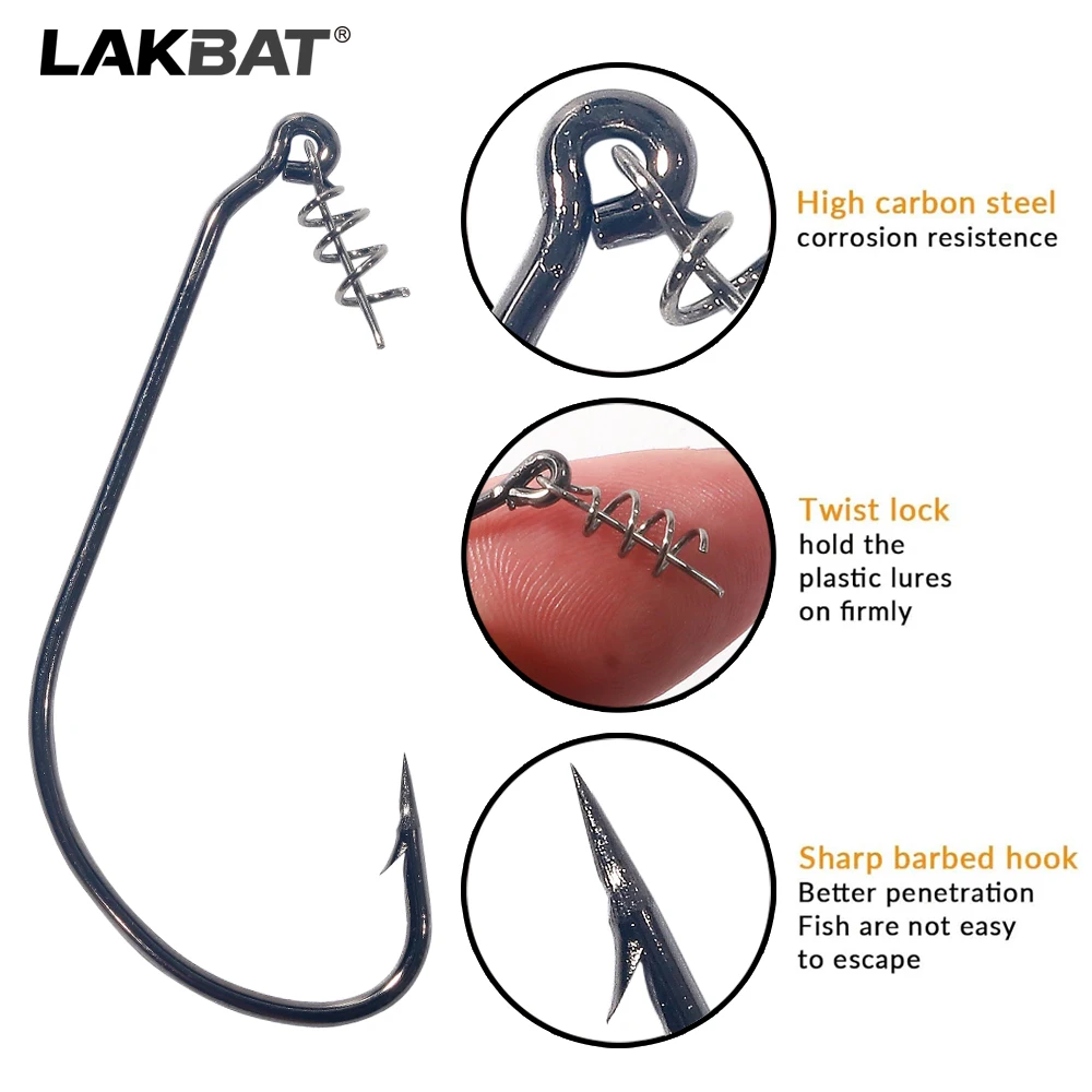 LAKBAT 10Pcs Screw Lock Round Bend Wide Gap Barbed Fishhook High Strength Anti‑Rust Forged Hook for Soft Bait Sea Carp Fishing