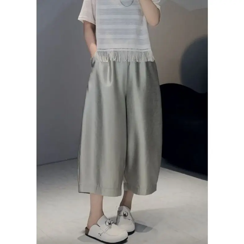 2024 Spring/summer High Waist Elastic Loose Casual Pants Women's Wide Leg Pants 9-branch Library