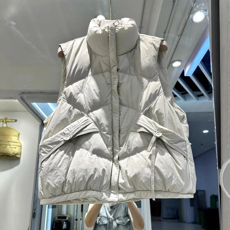 Jesienno-zimowa krótka kamizelka puchowa z wysokim kołnierzem, z białego puchu kaczego, bez rękawów, zapinana na zamek, ciepła kamizelka damska, odzież wierzchnia JJ1080