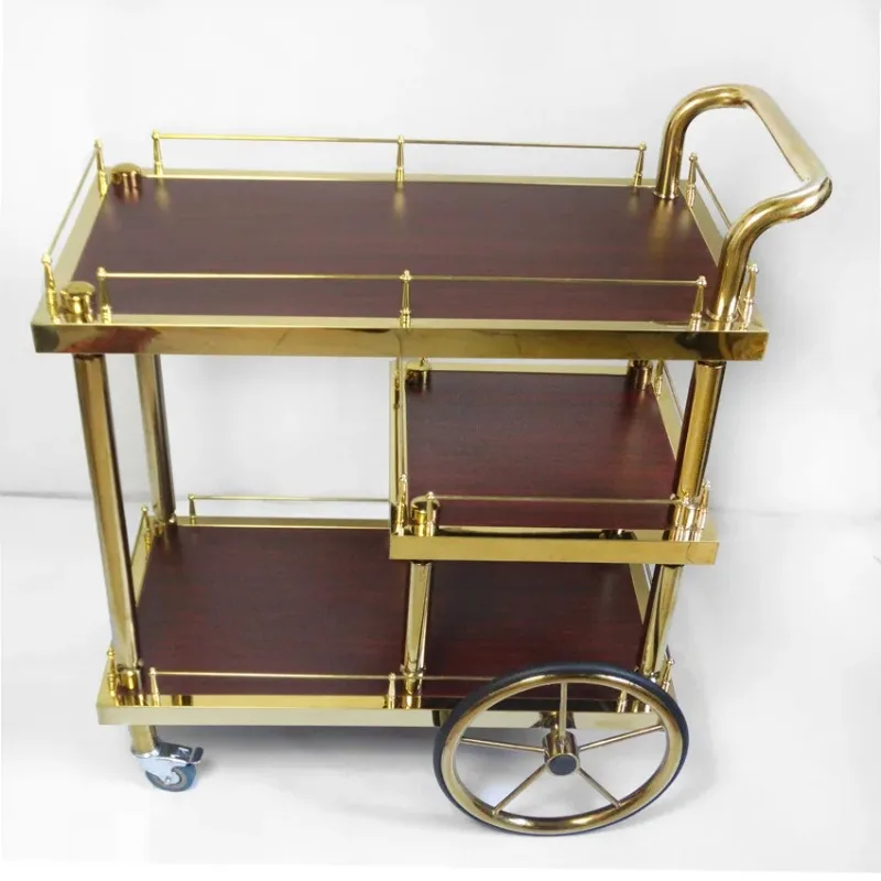 European Titanium Room Wine Steel Wood Three-layer Service Truck Hand Push, Wine Delivery Truck Cake Truck
