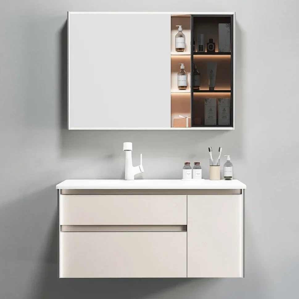 European New Custom Wooden Wall Mounted Bathroom Mirror Cabinet Solid Wood Bathroom Furniture Bathroom Vanities with Sink