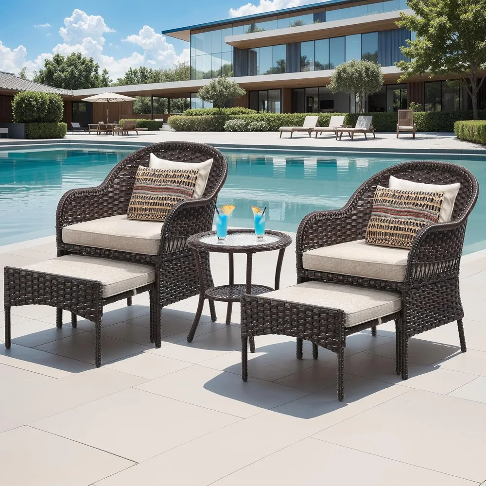 

5 Pieces Wicker Patio Conversation Set Outdoors, Balcony Furniture Set, Rattan Lounge Chairs with Ottomans, Side Table