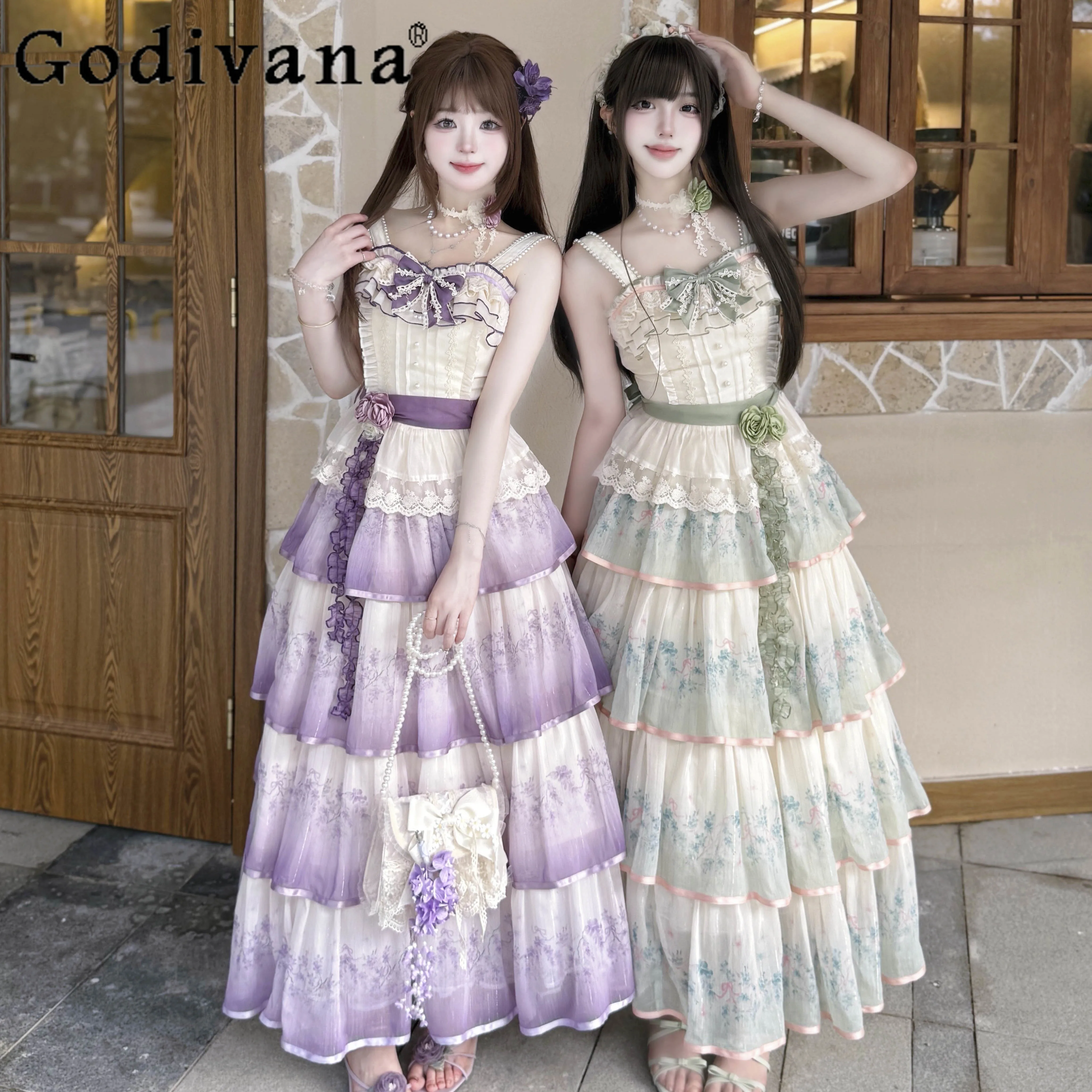 

Summer Cla Elegant Girl's Lolita Tea Party Sweet Suspender Dress Jsk Japanese Women's Slim Sleeveless Top Long Skirt 2-piece Set