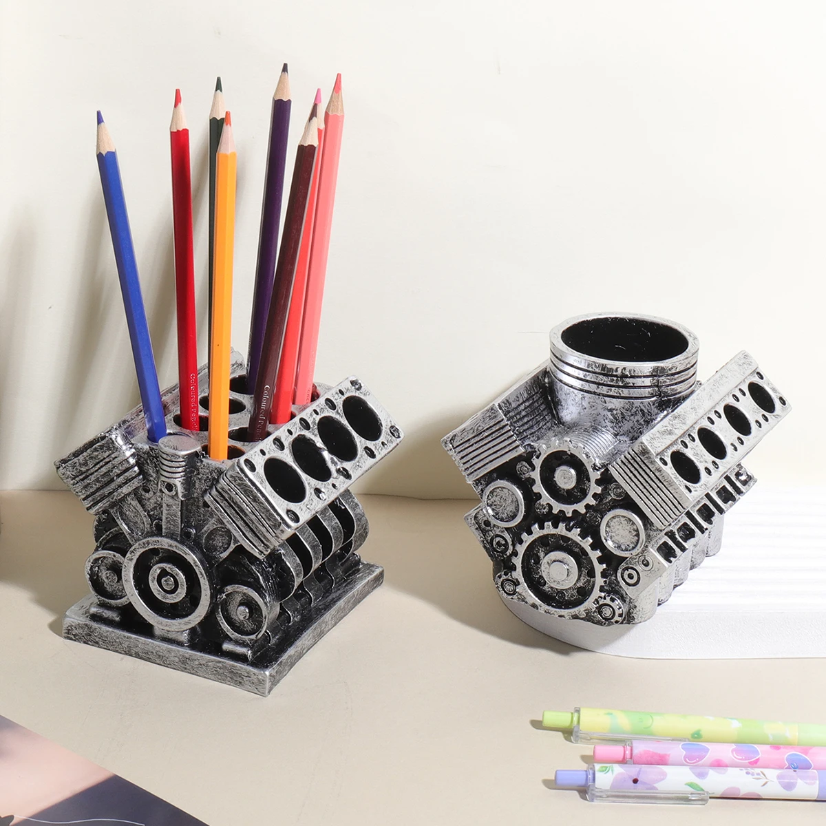 V8 Engine Pen Holder,Creative Car Engine  Organizer Stationery Storage Pencil case,Office Desktop decoration,Gift for Men