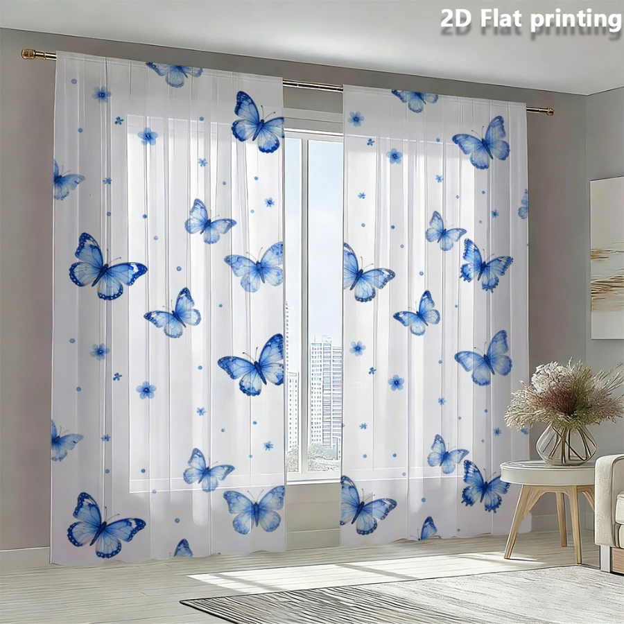 2PCS Digital Print Sheer Curtain, Blue Butterfly Small Flower, Boho Chic Window Curtains for Living Room Bedroom Home Decor