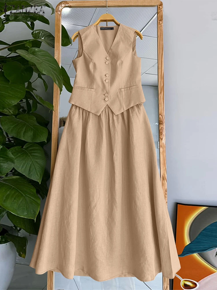 ZANZEA 2025 Summer Women Dress Sets Office Sleeveless Waistcoat Outfits Swing Skirt Two Piece Sets Casual Loose Solid Suits