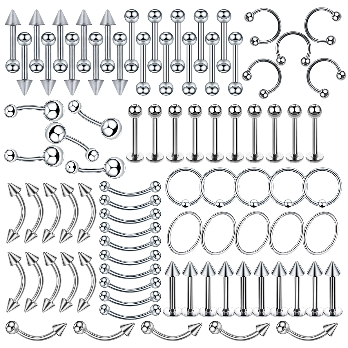 5PCS Surgical Steel Body Piercing Jewelry Lot Bulk Nose Ring Tongue Bar Lot Eyebrow Labret Piercing Set Horseshoe Ring Pack