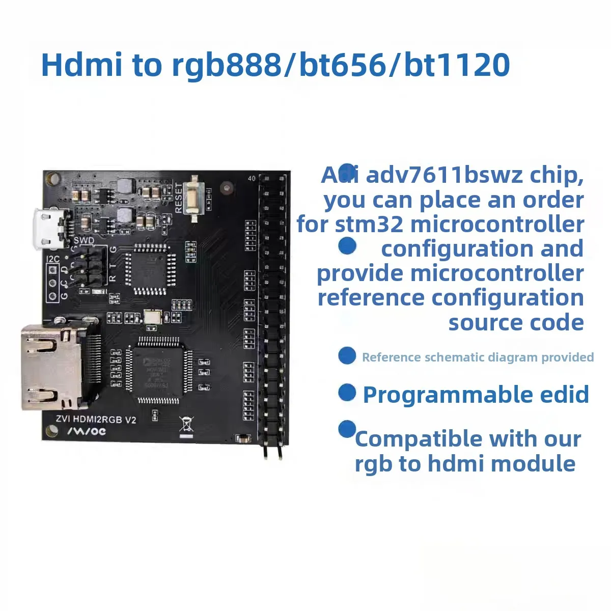 

ADV7611 HDMI to RGB888/BT656/BT1120 Development Board | HDMI2RGB Converter for Raspberry Pi Screen Driver