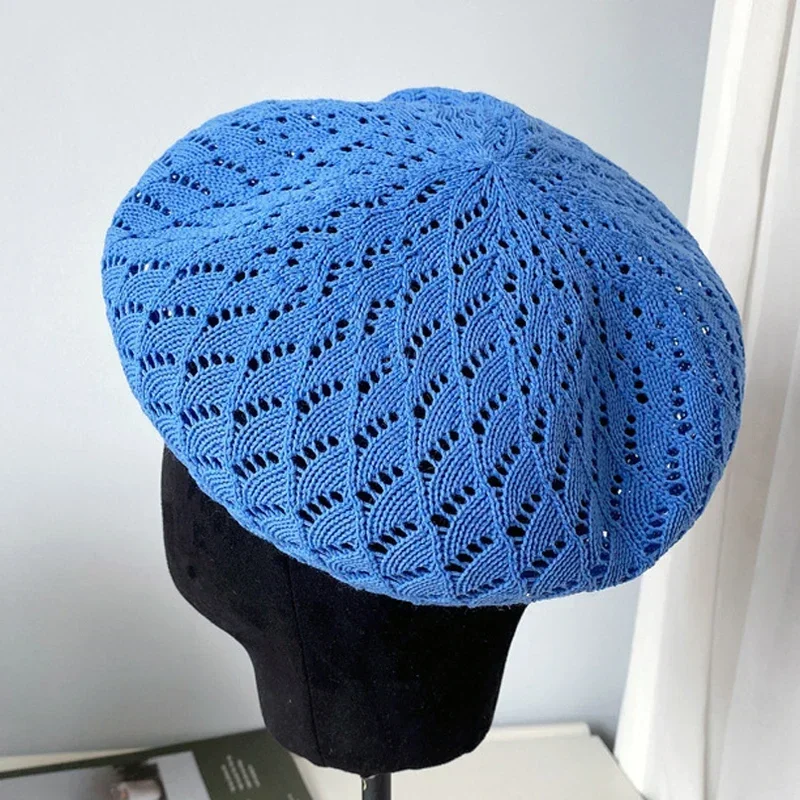 Sombreros de boina de verano para mujer, Gorro plano de punto, Boina hueca, sombrero de pintor francés, gorra para el sol