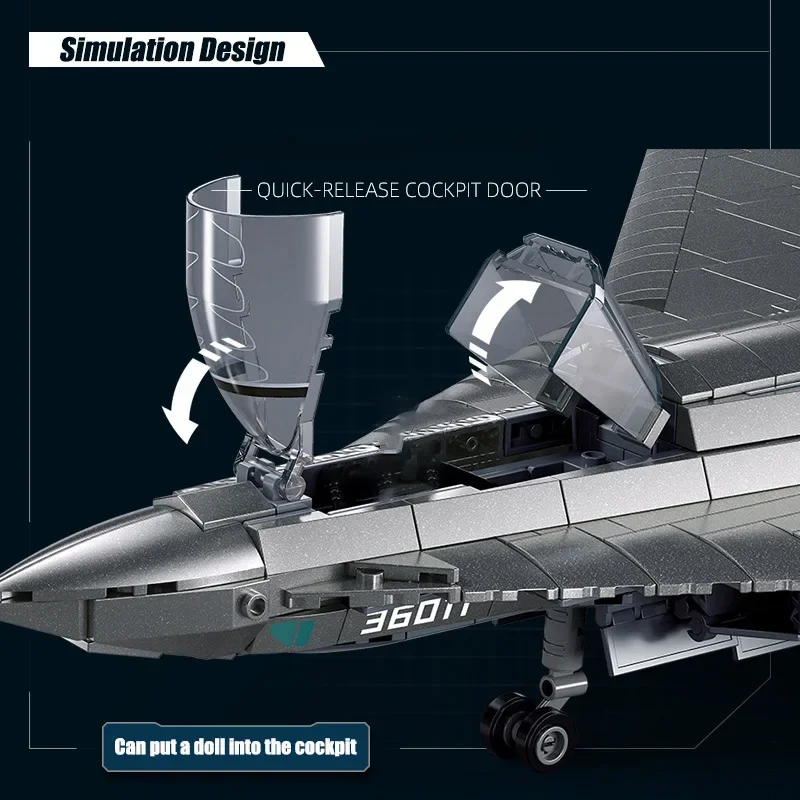 ทหารMOC 1182pcs Sixth Generation Fighter Jet J-36 ชุดอาคารบล็อกชุดโลหะไทเทเนียมเงินFighterของเล่นเด็กของขวัญ