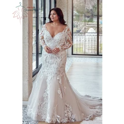 Robes de mariée sirène grande taille, col en V, manches longues, robes de mariée, dentelle appliquée, train de balayage, tulle, PSL98003